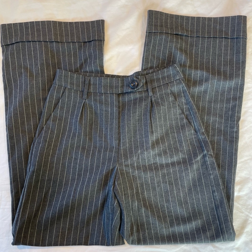 Bershka High Waisted Grey and White Wide Leg Pinstripe Trousers